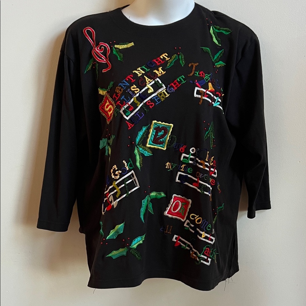 JK America bedazzled holiday shirt sweatshirt with Embroidery chorus Music sign